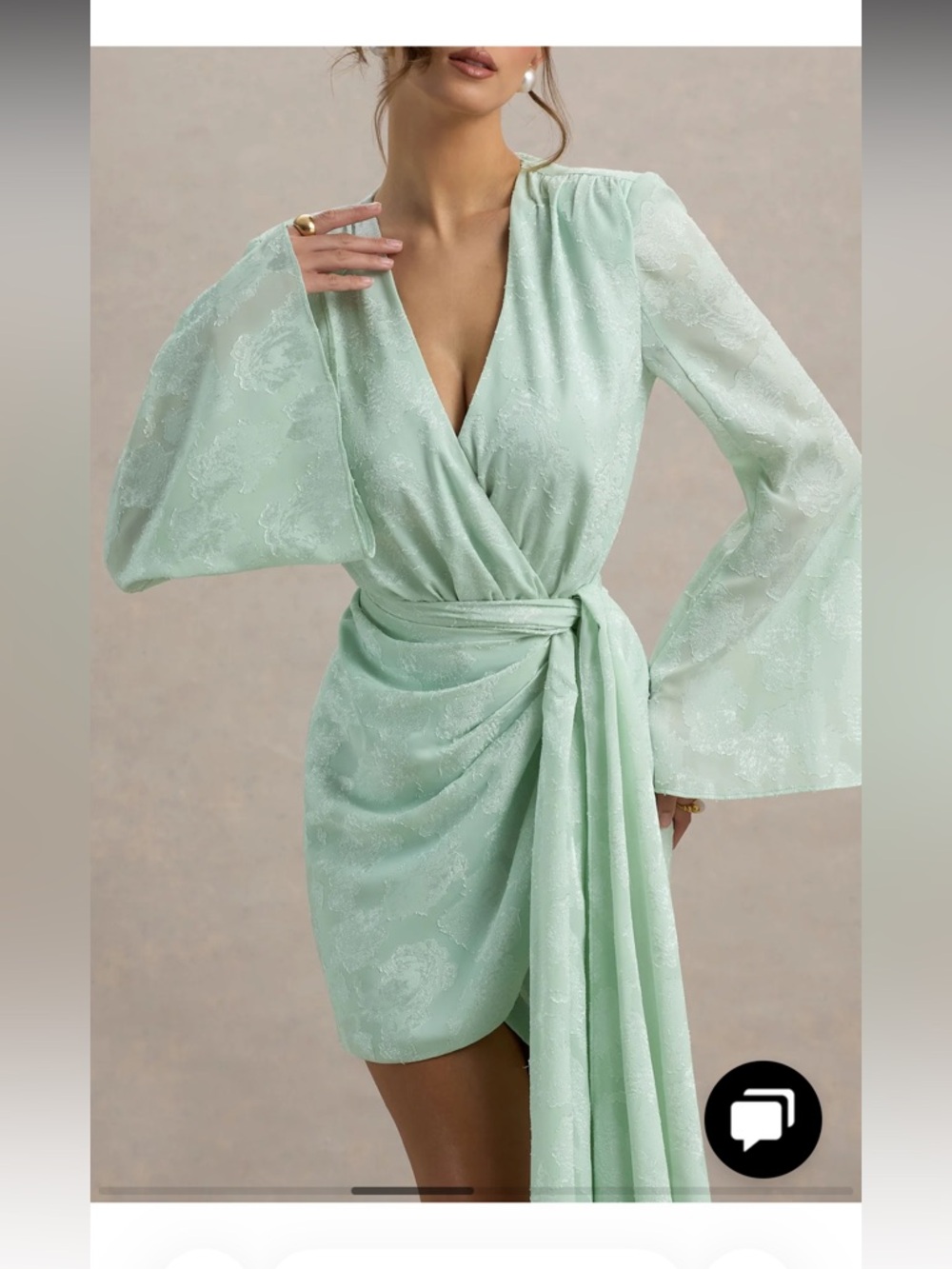 Club London DOREEN Mint Long-Sleeve Wrap Mini Dress Sz L; very flattering style - Picture 2 of 11